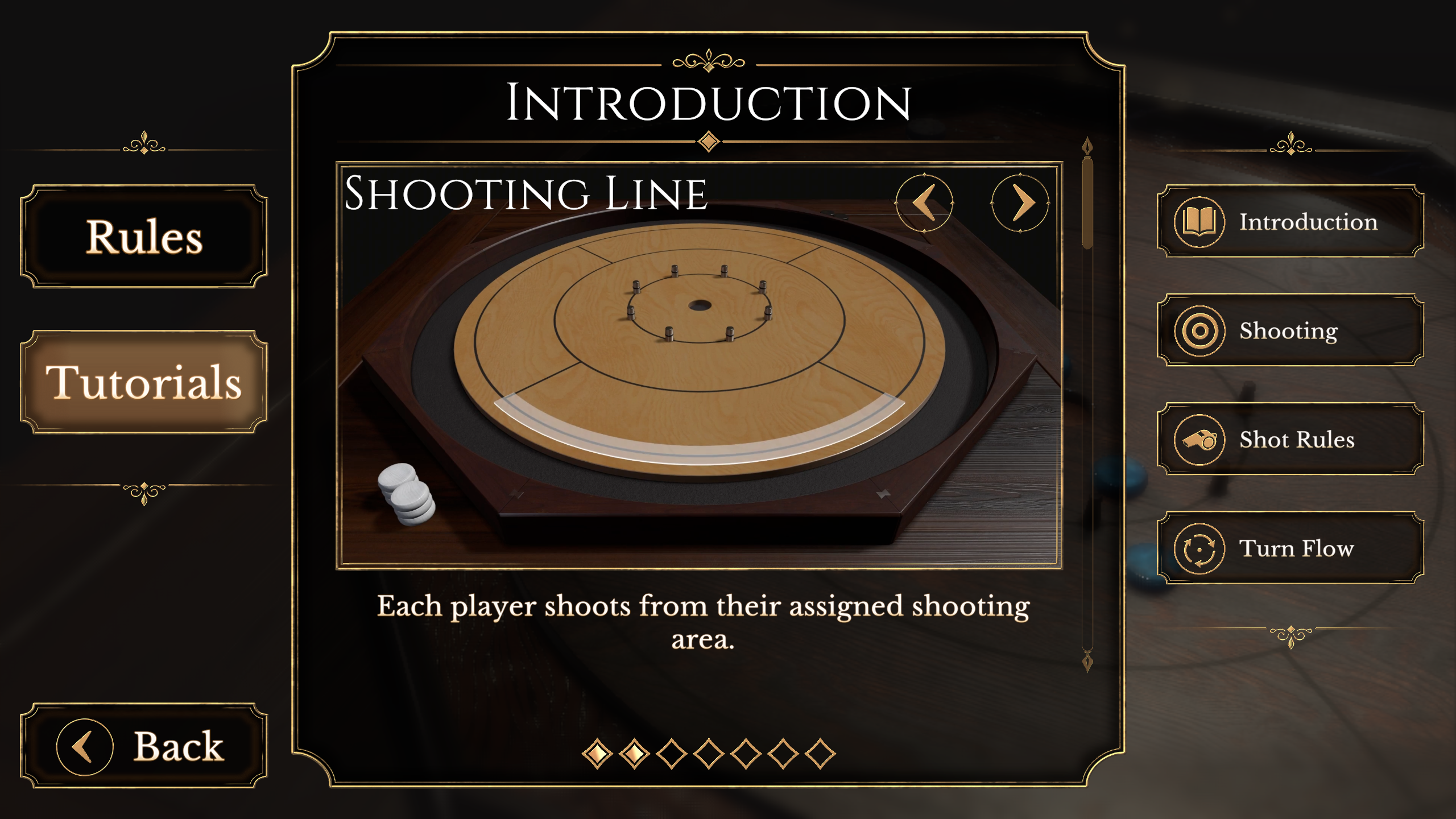 Tutorial screen explaining Crokinole rules with board callouts.