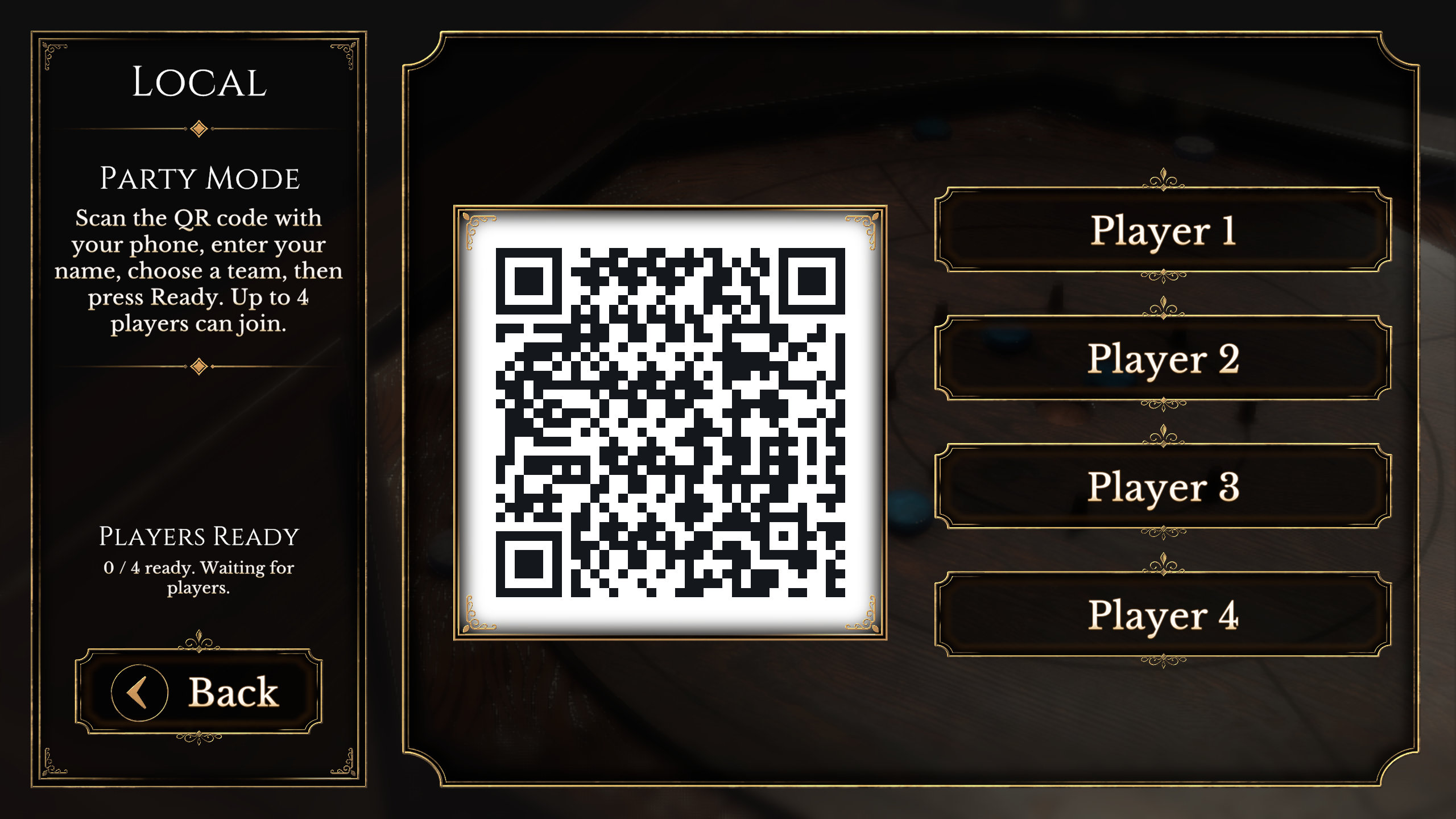 Local party mode screen with QR code and player slots.
