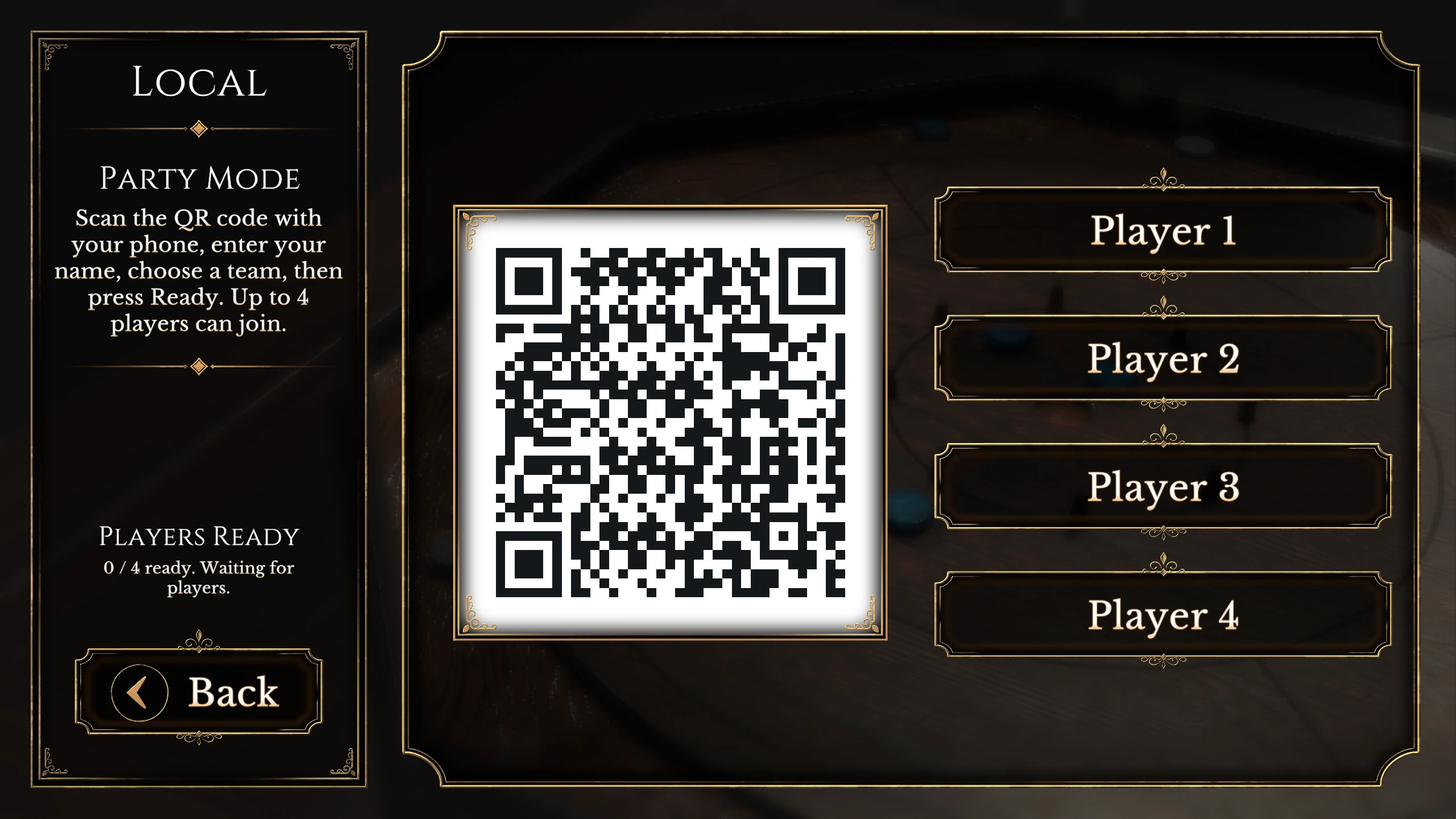 Local party mode screen with QR code and player slots.